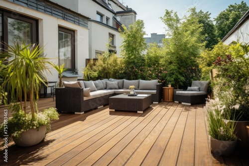 shows a cozy patio with a sofa, table, and chairs. The sofa is made of wicker and has comfortable cushions. The table is made of wood and has a coffee table.