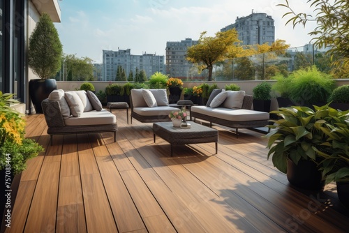 rooftop terrace with a sofa, table, and plants. The terrace is made of wood and has a city view.