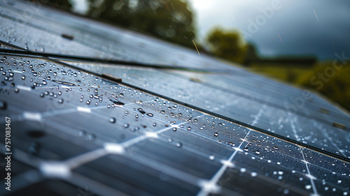 close-up of solar panels with raindrops