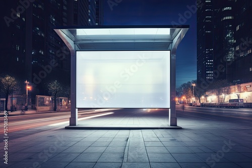 a public transport stop at night. It features an empty billboard located in the middle of the street. The billboard is illuminated from above, making it clearly visible in the dark.