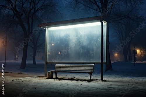 A night bus stop with an empty billboard hanging over it. The street is dark and there is not a single person.