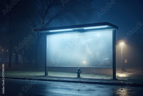 bus stop at night in the rain. The stop is lit by blue lights, and the rain is pouring down from the sky. There is no one at the bus stop, no people are visible.