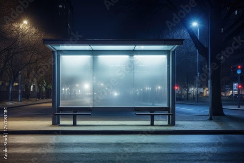 public transport stop at night on a city street. The stop is empty, there are no people. The street is dark, there are no cars either. The stop is surrounded by trees.