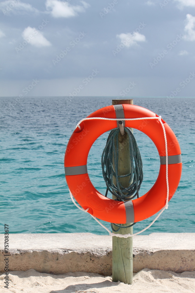 lifebuoy on a pole with view of the sea
