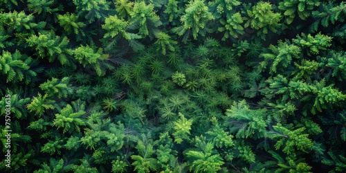 Background of green coniferous tree top view. Nature concept.