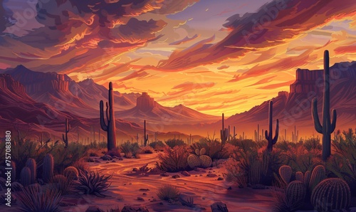 Sunset in the Desert A Cactus-Filled Scene with a Hazy Sky Generative AI