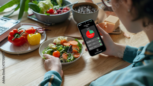 A person uses smartphone applicaton to track calories and manage diet. Technology, app, for maintaining a healthy lifestyle.