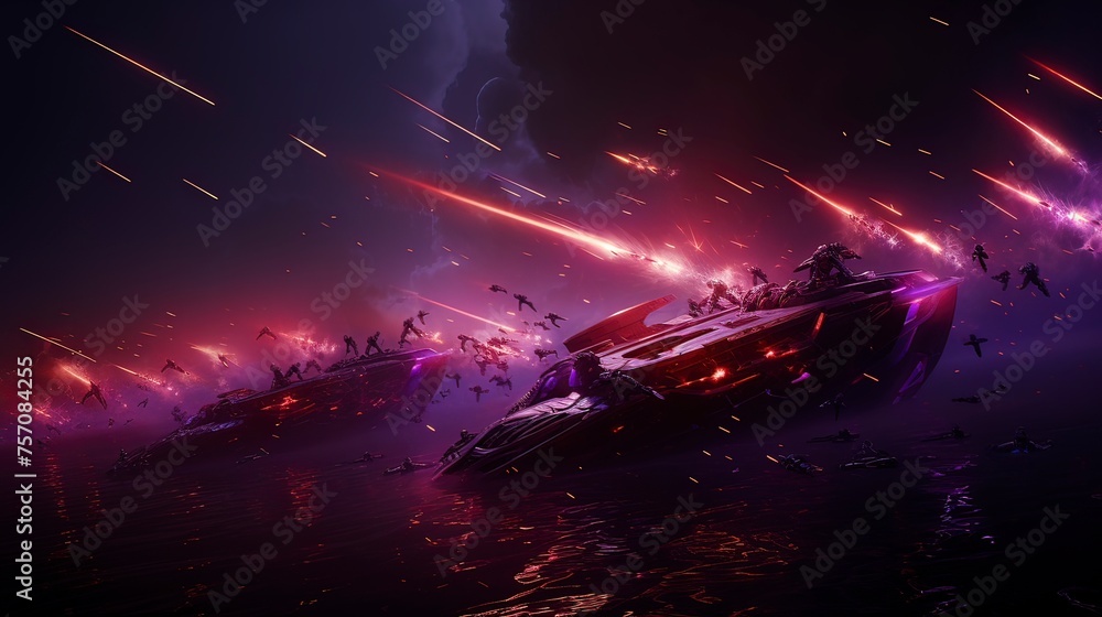 Obraz premium A dynamic scifi space battle scene featuring epic starships, Generative ai.