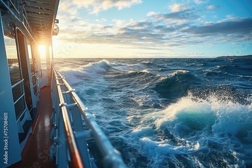 picturesque landscape as seen from the deck of a boat sailing on a ocean. In the distance, the horizon merges with the endless sky. 