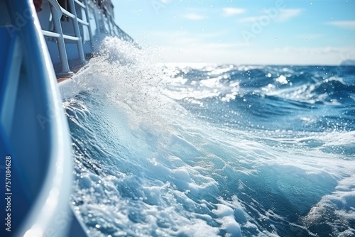 a boat being tossed by waves in the ocean. The waves are crashing against the deck of the boat, and water is splashing over the railings.