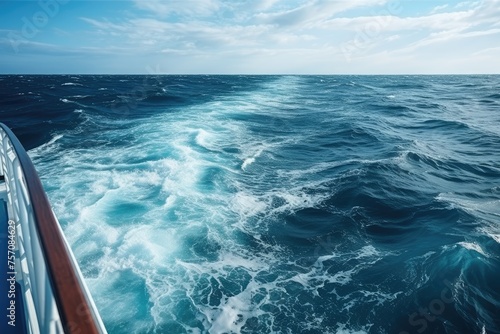 A beautiful view of the ocean from the deck of the boat. the ocean horizon meets the sky.