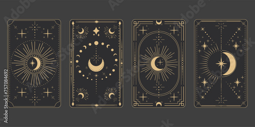 Set tarot frame border with golden celestial elements, esoteric astrology mystery ornament with moon, star isolated on dark background. photo