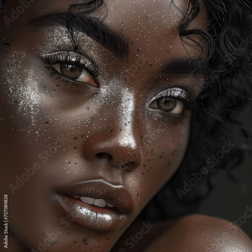 Closeup of  a portrait of attractive black lady with glitter and freckles on her face. Depicting beauty in imperfection.