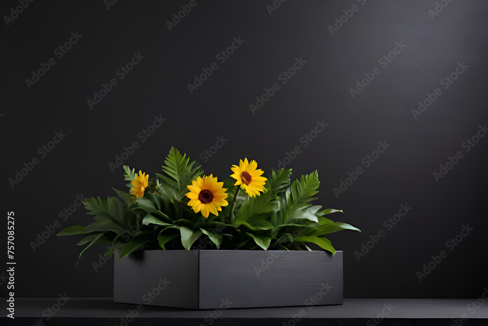 Empty product podium and copy space with Dark background, Front Angle Shot, Studio Lighting, Flowers, small Dry Plants, fantasy Film concept, negative space composition rule Empty product podium and copy space with Dark background, Front Angle Shot, Studio Lighting, Flowers, small Dry Plants, fantasy Film concept, negative space composition rule