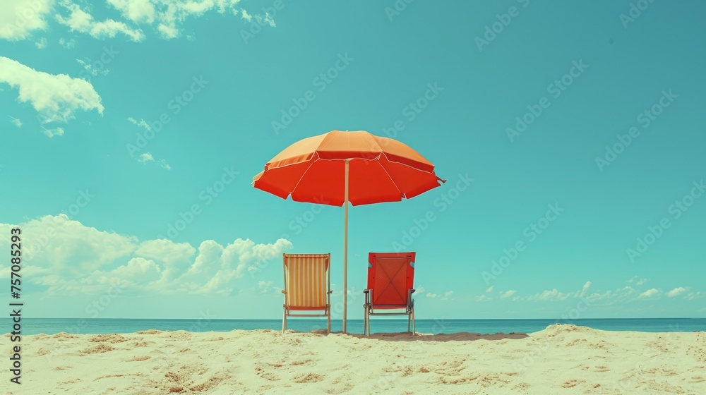 Beach chairs and pink umbrella on the tropical beach
