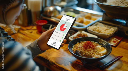 A person uses smartphone applicaton to track calories and manage diet. Technology, app, for maintaining a healthy lifestyle.