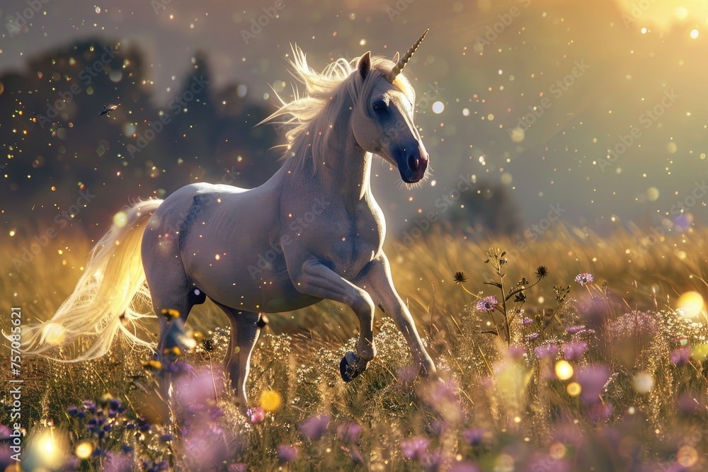 A magical unicorn prancing in a meadow filled with sparkling flowers