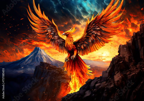 flying phoenix with open wings surrounded with fire and rocky mountain
