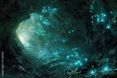 An underground cave system illuminated by bioluminescent insects hiding ancient dragon eggs photo
