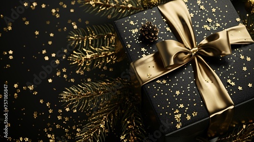 Golden Gift Wrapped in Black A Festive Present for the Holidays Generative AI photo