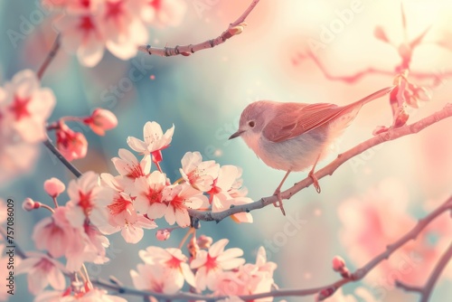 Beautiful spring bright natural background with soft pink sakura flowers and a bird.