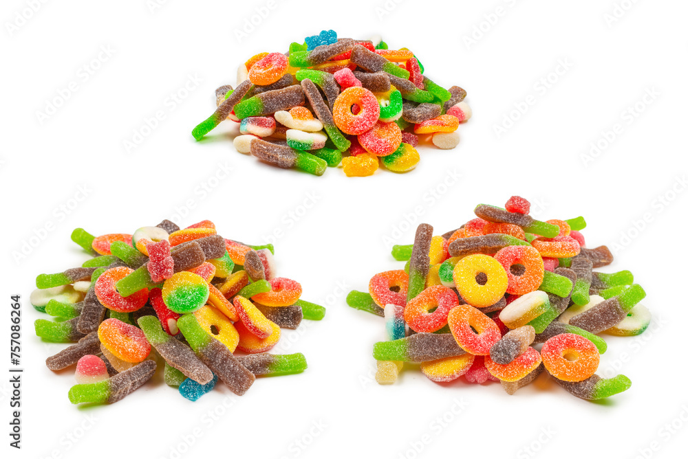 Assorted gummy candies. Top view. Jelly  sweets. Isolated on white.