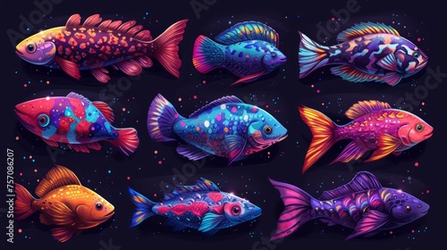 Set of colorful fish on black background. Magic fishes, neon color. Set of icons