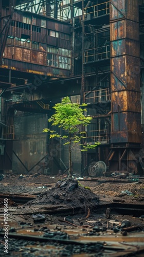 Hope in Devastation: Tree Growing in Industrial Wasteland Symbolizing Growth and Renewal in Pollution-Affected Environment