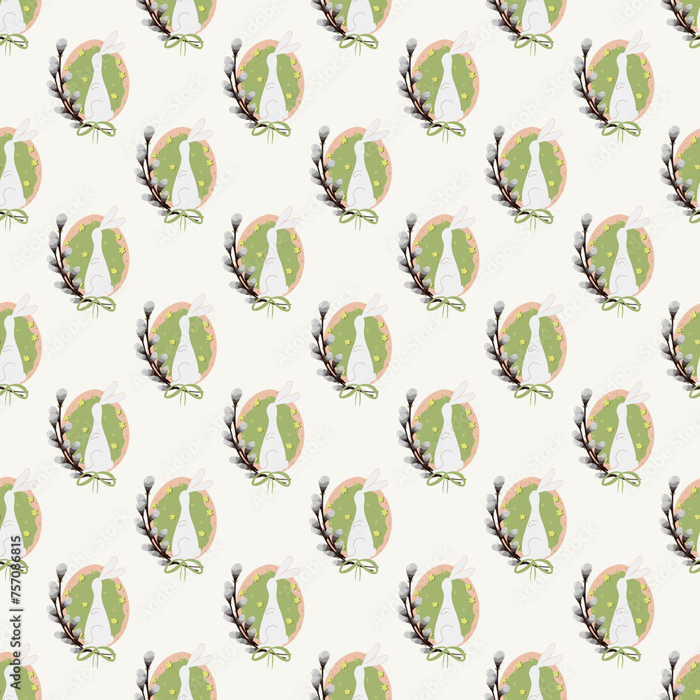 Easter egg with a bunny and willow twig seamless pattern, Easter decorative elements. Easter coloured eggs and bunnies pattern Easter egg with a bunny and willow twig seamless pattern, Easter decorative elements. Easter coloured eggs and bunnies pattern