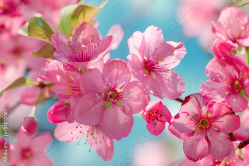 Beautiful spring natural floral background. Pink flowers of blooming sakura on a background of blue sky  close-up macro.