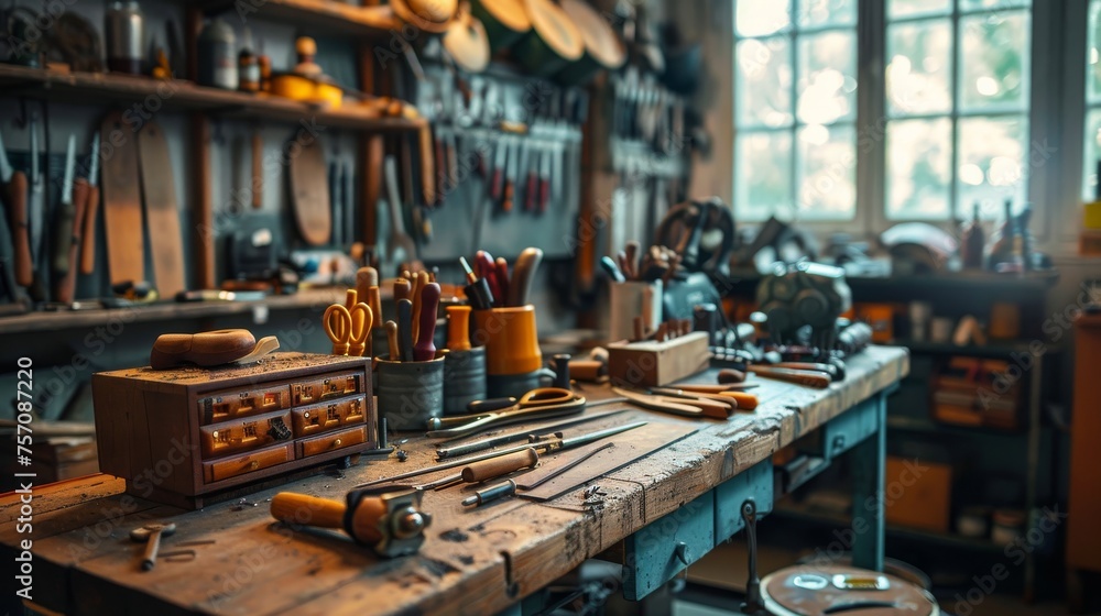 Artisan shoemaker's workspace with tools and leather on wooden bench Artisan shoemaker's workspace with tools and leather on wooden bench