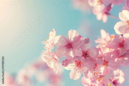 Beautiful spring natural floral background. Pink flowers of blooming sakura on a background of blue sky, close-up macro. © Straxer