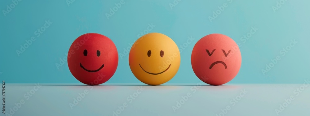 Fototapeta premium 3 different smileys sad neutral happy on light blue background. Employee net promoter score concept. Natural light, illustration, minimalistic