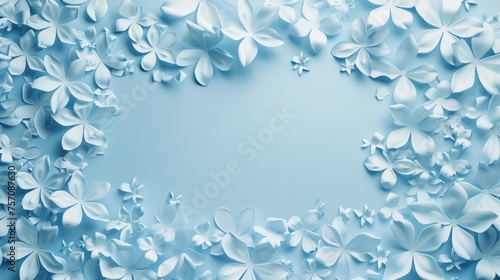 Beautiful blue flowers on blue background with copy space. Papercut style.