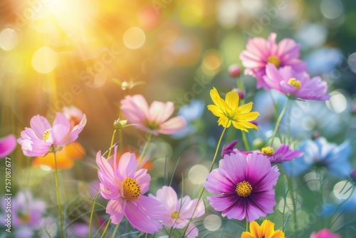 Beautiful spring summer bright natural background with colorful cosmos flowers close up.