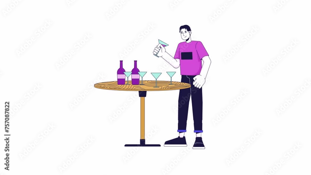 Happy man taking drink from table line cartoon animation. Cocktail ...