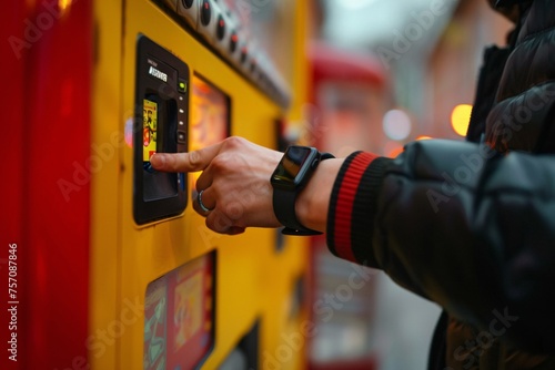 Finger on Button A Smartwatch and Smartphone User Interacts with a Vending Machine Generative AI
