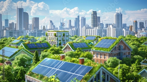 Futuristic cityscape with green roofs and solar panels, showcasing sustainable urban living in eco-friendly environment