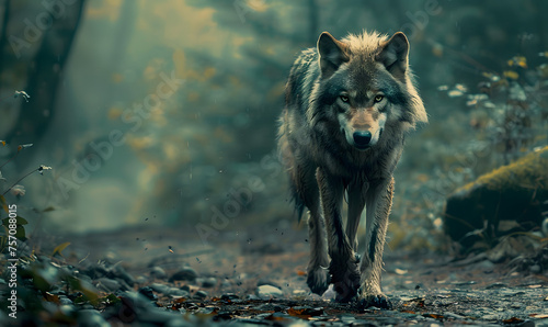 majestic lone wolf traversing a forest path or trail, Generative AI 