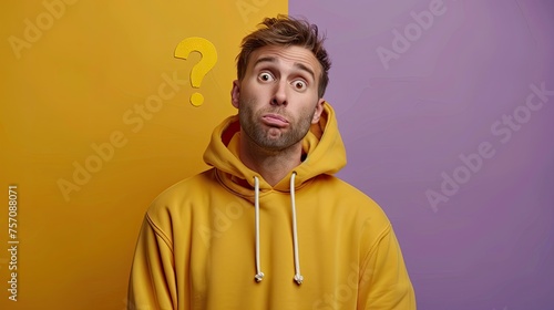 A man looking worried on colored background