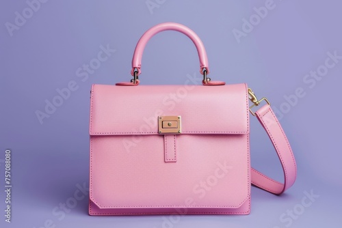 Beautiful trendy smooth women's handbag briefcase in pink color on a violet studio background.