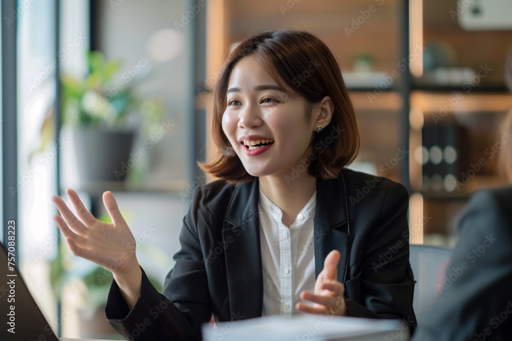 Smiling Woman in Black Suit and White Blouse, Monthly Meeting, Adobe Stock Generative AI Smiling Woman in Black Suit and White Blouse, Monthly Meeting, Adobe Stock Generative AI