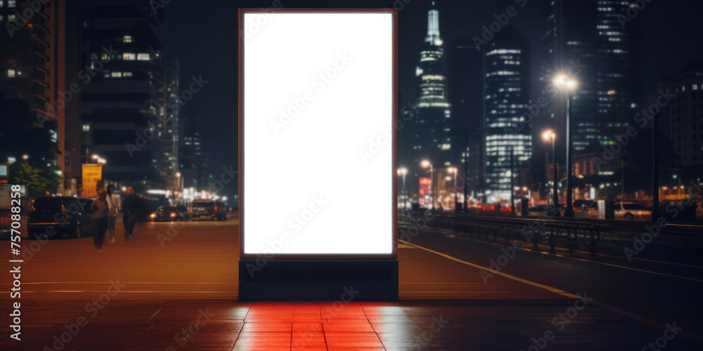 Vertical citylight banner on a night city street. Blank screen space for product placement or advertising text.