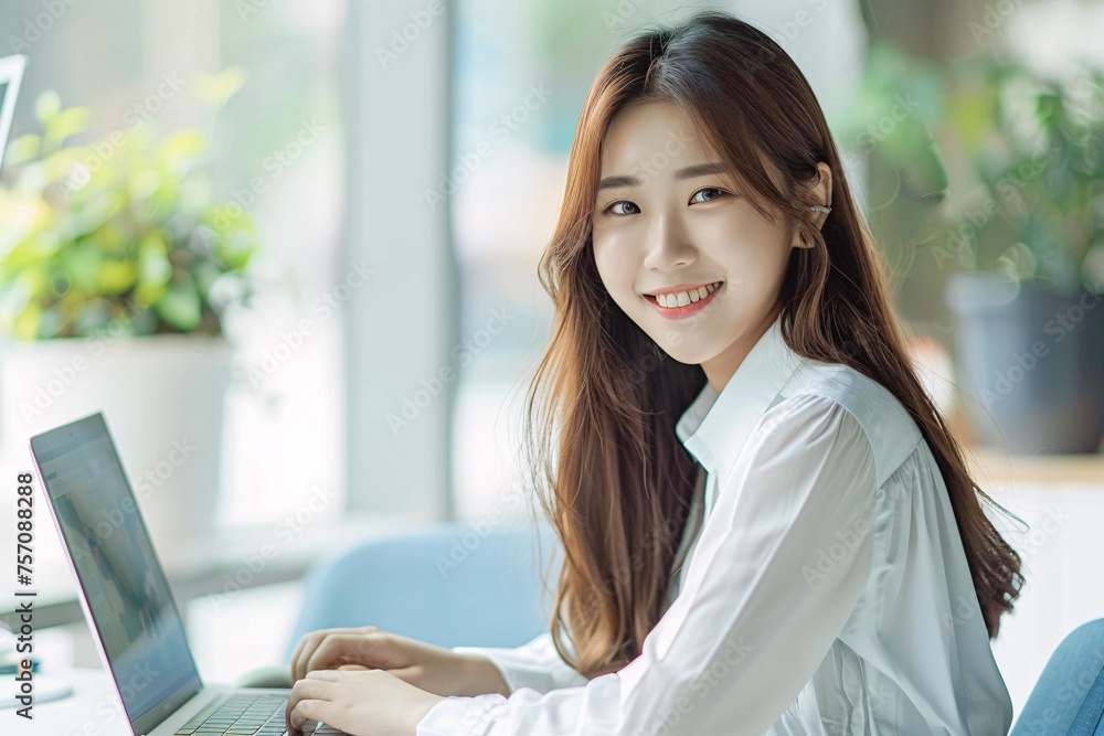 Smiling Asian Woman Using Laptop in Modern Office Setting Generative AI Smiling Asian Woman Using Laptop in Modern Office Setting Generative AI