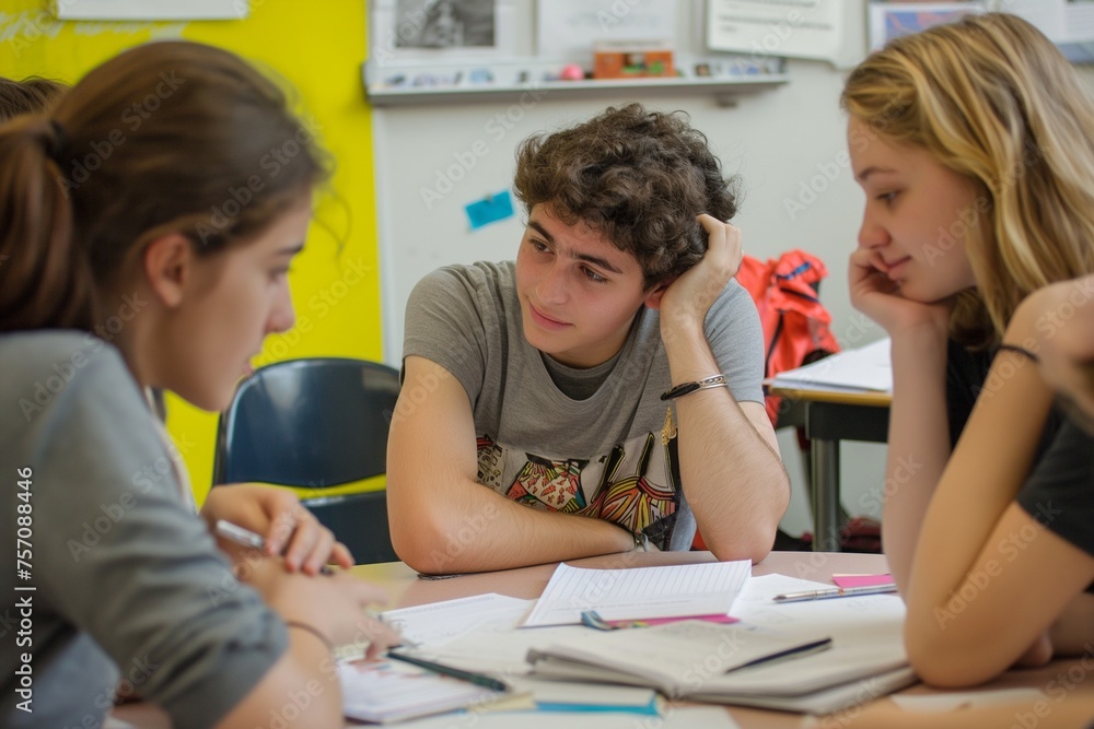 Teamwork in the classroom. A group of Teenage students working together on a project, discussing ideas Teamwork in the classroom. A group of Teenage students working together on a project, discussing ideas