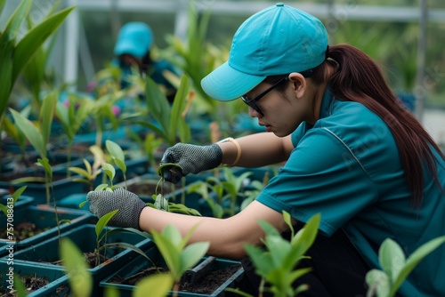 female botanist planting plants in a plant nursery