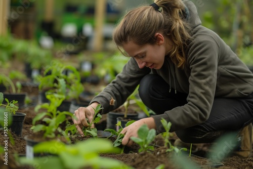female botanist planting plants in a plant nursery