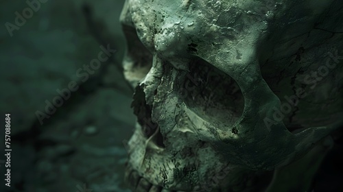 Ancient Skull in Mysterious Underwater Ruins A Captivating 3D Rendered Scene