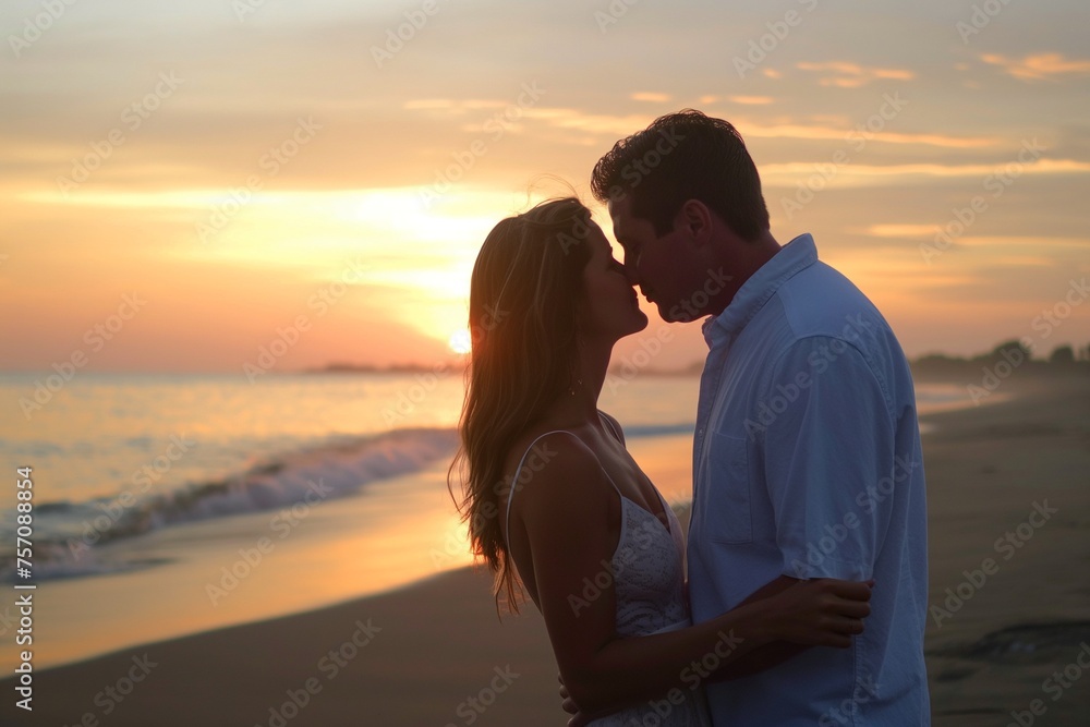 Young couple kissing on a beach at sunset, outdoor portrait of young couple