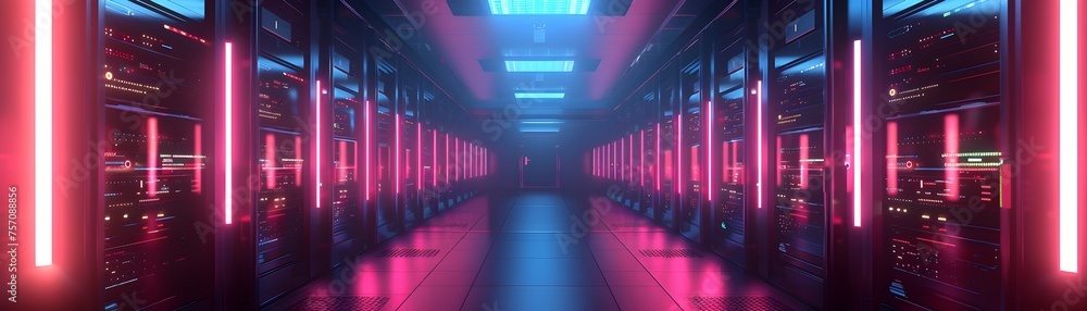 Futuristic Data Center Glowing with Pink Neon Lights Modern Firewall Protection Futuristic Data Center Glowing with Pink Neon Lights Modern Firewall Protection